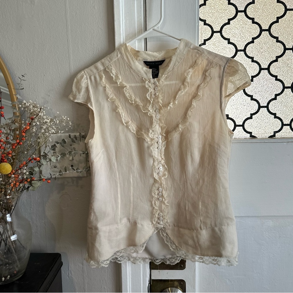 Vintage Ivory Lace Accent 100% Silk Button Up